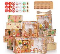 GeeRic 12Pzs Cajas de Navidad para Galletas con Ventana, Paquete de Cajas de Papel Kraft Navidad con Tapa para Comida la Cajas Panadería Biscuits Dulces Postre