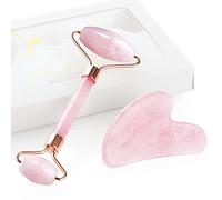 GeeRic Masajeador Facial, Masajeador Gua Sha Mujer Rodillo Masaje Guasha Facial Piedra Masajeador de Ojos Bolsas y Ojeras, Belleza Jade Natural Roller Facial Cuarzo Antienvejecimiento,Cuarzo Rosa