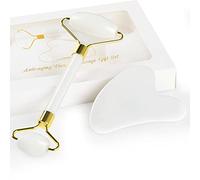 GeeRic Masajeador Facial, Masajeador Gua Sha Mujer Rodillo Masaje Guasha Facial Piedra Masajeador de Ojos Bolsas y Ojeras, Belleza Jade Natural Roller Facial Cuarzo Antienvejecimiento, Blanco