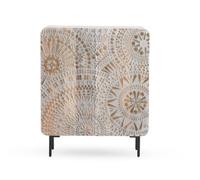 GEESEHOME Aparador Alto de Madera de Mango Gris Patinado, 100x38x120 cm, 2 Puertas con Relieve de Fantasía, Cierre Suave, Patas Metálicas con Regulador