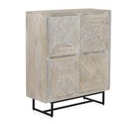 GEESEHOME Aparador Alto en Madera Maciza de Mango Blanco Patinado, 100 cm, 4 Puertas con Relieve Geométrico y Apertura Uñero, Base de Metal Negra