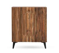 GEESEHOME Aparador Alto en Madera Maciza de Mango Natural, 100x38x120 cm, 2 Puertas con Relieve de Fantasía Texturizado, Cierre Suave e Imán, Patas Metálicas de 20 cm con Regulador