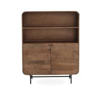 GEESEHOME Aparador Alto en Madera Maciza de Mango Natural, 110 cm, Contornos Curvos y Esquinas Redondeadas, 2 Puertas y Estantes Abiertos, Patas Metálicas