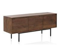 GEESEHOME Aparador Bajo en Madera Maciza de Mango Natural, 140 cm, 3 Puertas Lisas con Apertura Tipo Uñero, Cierre Suave, Patas Metálicas Negras.