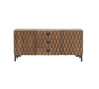 GEESEHOME Aparador de Madera Maciza de Mango Marrón, 160x75x38 cm, Buffet de Salón con 3 Puertas Decoradas, Estante Interior y Patas de Metal Negro, Estilo Industrial
