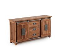 GEESEHOME Aparador en Madera de Acacia Reciclada, 160x40x81 cm, 2 Puertas Correderas y 3 Cajones, Estilo Industrial con Detalles Metálicos
