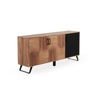 GEESEHOME Aparador en Madera de Acacia Reciclada, 178x40x81 cm, 3 Puertas (1 Negra Texturizada), Cierre Suave, Tiradores y Patas Metálicas Negras