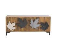 GEESEHOME Aparador en Madera de Mango Maciza Natural, 177 cm, 4 Puertas con Tiradores de Resina en Forma de Hoja, Patas Metálicas Negras, Estilo Rústico Moderno.