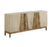 GEESEHOME Aparador en Madera Maciza de Mango Blanco Patinado, 160 cm, 3 Puertas con Diseño Geométrico Natural, Cierre Suave, Patas de Madera de Mango