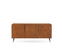 GEESEHOME Aparador en Madera Maciza de Mango Color Miel, 160x38x75 cm, 3 Puertas con Relieve de Fantasía y Esquinas Redondeadas, Cierre Suave e Imán, Patas Metálicas con Regulador