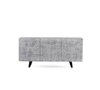 GEESEHOME Aparador en Madera Maciza de Mango Gris, 160x38x75 cm, 3 Puertas con Relieve de Fantasía Texturizado, Cierre Suave e Imán, Patas Metálicas en U