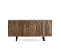 GEESEHOME Aparador en Madera Maciza de Mango Natural, 160x38x75 cm, 3 Puertas con Relieve de Fantasía Tallado, Cierre Suave e Imán, Patas Metálicas de 19 cm con Regulador