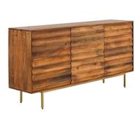 GEESEHOME Aparador en Madera Maciza de Mango Natural, 170 cm, 3 Puertas con Ondas Labradas y Apertura Sistema Push, Patas Metálicas Doradas, Estilo Moderno.