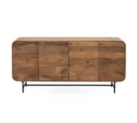 GEESEHOME Aparador en Madera Maciza de Mango Natural, 170 cm, 4 Puertas con Esquinas Redondeadas y Contornos Curvos, Cierre Suave, Patas Metálicas Negras