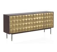 GEESEHOME Aparador en Madera Maciza de Mango Natural, 170 cm, 4 Puertas Forradas en Latón Dorado Texturizado, Sistema Push-Push, Patas Negras y Oro