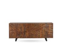 GEESEHOME Aparador en Madera Maciza de Mango Natural, 177 cm, 4 Puertas con Relieve de Fantasía Texturizado, Cierre Suave e Imán de Seguridad, Patas en U