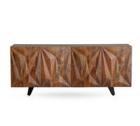 GEESEHOME Aparador en Madera Maciza de Mango Natural, 177 cm, 4 Puertas con Relieve Geométrico de Fantasía, Cierre Suave, Patas Metálicas en U