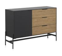 GEESEHOME Aparador en MDF Chapado en Madera de Fresno Negro, 124 cm, 3 Cajones de Madera de Mango con Listas y 1 Puerta Lateral, Guías de Cierre Suave, Patas de Metal