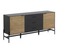 GEESEHOME Aparador en MDF Chapado en Madera de Fresno Negro, 164 cm, 2 Puertas de Madera de Mango con Listas y 3 Cajones, Guías de Cierre Suave, Patas de Metal.