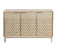 GEESEHOME Aparador en MDF Chapado en Madera de Roble Acabado Marfil, 120 cm, 3 Puertas con Relieve Geométrico Oro Viejo, Tiradores Dorados, Cierre Suave.