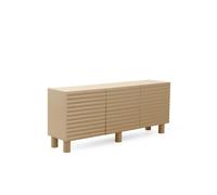 GEESEHOME Aparador en MDF Color Beige Arena, 180x43x75 cm, 2 Puertas y 2 Cajones Centrales con Relieve Ondulado, Sistema Push to Open y Cierre Suave, Patas de Madera