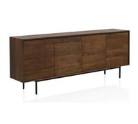 GEESEHOME Aparador Extra Largo en Madera Maciza de Mango Natural, 200 cm, 4 Puertas Lisas con Apertura Tipo Uñero, Cierre Suave, Patas Metálicas Negras.