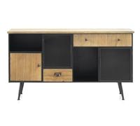GEESEHOME Aparador Metálico Negro con sobre de Madera de Abeto, 148 cm, Puertas de Cristal Ondulado y Madera Labrada, 3 Cajones, Estilo Industrial