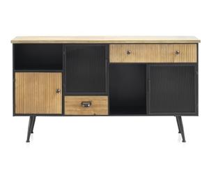 GEESEHOME Aparador Metálico Negro con sobre de Madera de Abeto, 148 cm, Puertas de Cristal Ondulado y Madera Labrada, 3 Cajones, Estilo Industrial