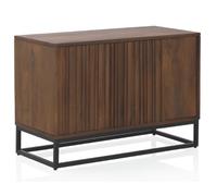 GEESEHOME Aparador Pequeño en Madera Maciza de Mango Natural, 85 cm, 2 Puertas con Relieve Vertical y Sistema Push, Base de Metal Negra, Estilo Moderno
