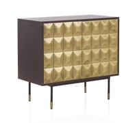 GEESEHOME Aparador Pequeño en Madera Maciza de Mango Natural, 85 cm, 2 Puertas Forradas en Latón Dorado Texturizado, Sistema Push, Patas Negras y Oro
