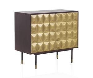 GEESEHOME Aparador Pequeño en Madera Maciza de Mango Natural, 85 cm, 2 Puertas Forradas en Latón Dorado Texturizado, Sistema Push, Patas Negras y Oro