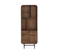 GEESEHOME - Estantería Librería de Madera Maciza de Mango, Mueble Auxiliar de Diseño Curvo con 2 Puertas y Cierre Suave, Estantería Retro con Patas Metálicas y 5 Huecos, 60x30x160 cm