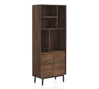 GEESEHOME - Librería de Madera Maciza de Mango Natural, Estantería Estrecha de Salón con 2 Puertas y Cierre Suave, Mueble Auxiliar con Apertura Tipo Uñero y Patas de Metal, 60x30x160 cm