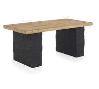 GEESEHOME - Mesa de Comedor de Madera de Abeto Natural con Base de Poliresina MGO Negro Textura Piedra 180x90 cm, Diseño Moderno para Interior