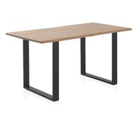 GEESEHOME - Mesa de Comedor de Madera Maciza de Acacia con Tablero de 25 mm y Patas de Metal Negro, 140x80 cm, Estilo Industrial para Salón
