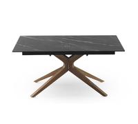 GEESEHOME - Mesa de Comedor Extensible 160/200x90 cm con Pie de Madera de Roble y sobre Cerámico Mármol Negro Verona, Diseño Moderno y Funcional