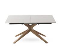 GEESEHOME - Mesa de Comedor Extensible 160/200x90 cm con Pie de Madera de Roble y sobre Cerámico Mármol Travertino, Estilo Elegante y Versátil