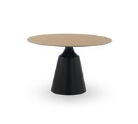 GEESEHOME - Mesa de Comedor Redonda 120 cm Base Metálica Negra con sobre Cerámico Efecto Madera de Fresno, Diseño Funcional y Contemporáneo