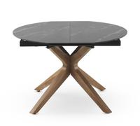 GEESEHOME - Mesa de Comedor Redonda Extensible 120/160x90 cm con Pie de Madera de Roble y sobre Cerámico Mármol Negro Verona, Estilo Moderno y Práctico
