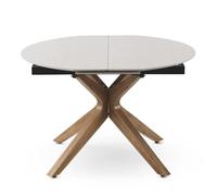 GEESEHOME - Mesa de Comedor Redonda Extensible 120/160x90 cm con Pie de Madera de Roble y sobre Cerámico Mármol Travertino, Diseño Sofisticado para Interior