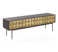 GEESEHOME Mueble TV 4 Puertas de Madera de Mango Maciza con Frontal Laton Dorado