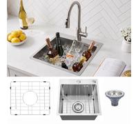 Geetery Juego de fregadero de cocina de 15 x 15 pulgadas, lavabo de 9 pulgadas de profundidad, fregadero de acero inoxidable 304 de montaje superior con rejilla inferior y colador de drenaje, lavabo