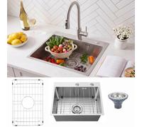 Geetery Juego de fregadero de cocina de 20 x 16 pulgadas, lavabo de 9 pulgadas de profundidad, fregadero de acero inoxidable 304 de montaje superior con rejilla inferior y colador de drenaje, lavabo