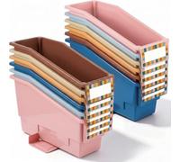 Geetery Paquete de 12 contenedores de libros sin puntas con alas estabilizadoras, organizadores de almacenamiento de plástico multicolor, organización de código de color para el hogar, oficina
