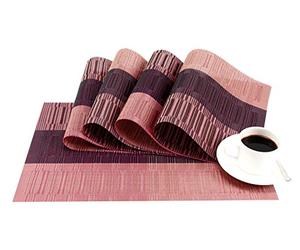 GEFEII Manteles individuales de bambú de vinilo tejido de PVC, antideslizantes, para cocina, comedor, boda, fiesta, exquisitos, resistentes al calor, impermeables (morado degradado y negro, 4)