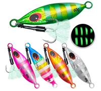 Gefischtter 5 plantillas de pesca verticales para agua salada, cuchara de jigging de metal, hundimiento lento, señuelo de pesca de mar profundo con ganchos de ayuda para atún, lubina, diente de perro,