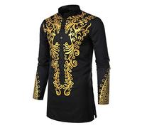 Gefomuofe Camisa casual para hombre corto kurta camisa cuello redondo túnica casual vestido de fiesta bordado caftán chapado en oro camisas islámicas ocio suéter africano ropa, Negro , XL