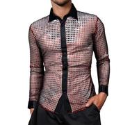 Gefomuofe Camisa de lentejuelas para hombre, con solapa, de satén, moda, con purpurina, corte estrecho, con botones, manga larga, vestido de hip hop, camiseta interior para fiesta, cosplay, rojo, L