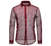 Gefomuofe Camisa de malla transparente de encaje para hombre, manga larga, para el tiempo libre, con botones, para el tiempo libre, para el tiempo libre, para hombre, fiesta, club, ropa, rojo, S