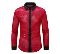 Gefomuofe Camisa de manga larga para hombre, ligera, transparente, camisa de ocio, con botones, camiseta muscular, camisa clásica para traje regional, camisa de solapa brillante, para carnaval